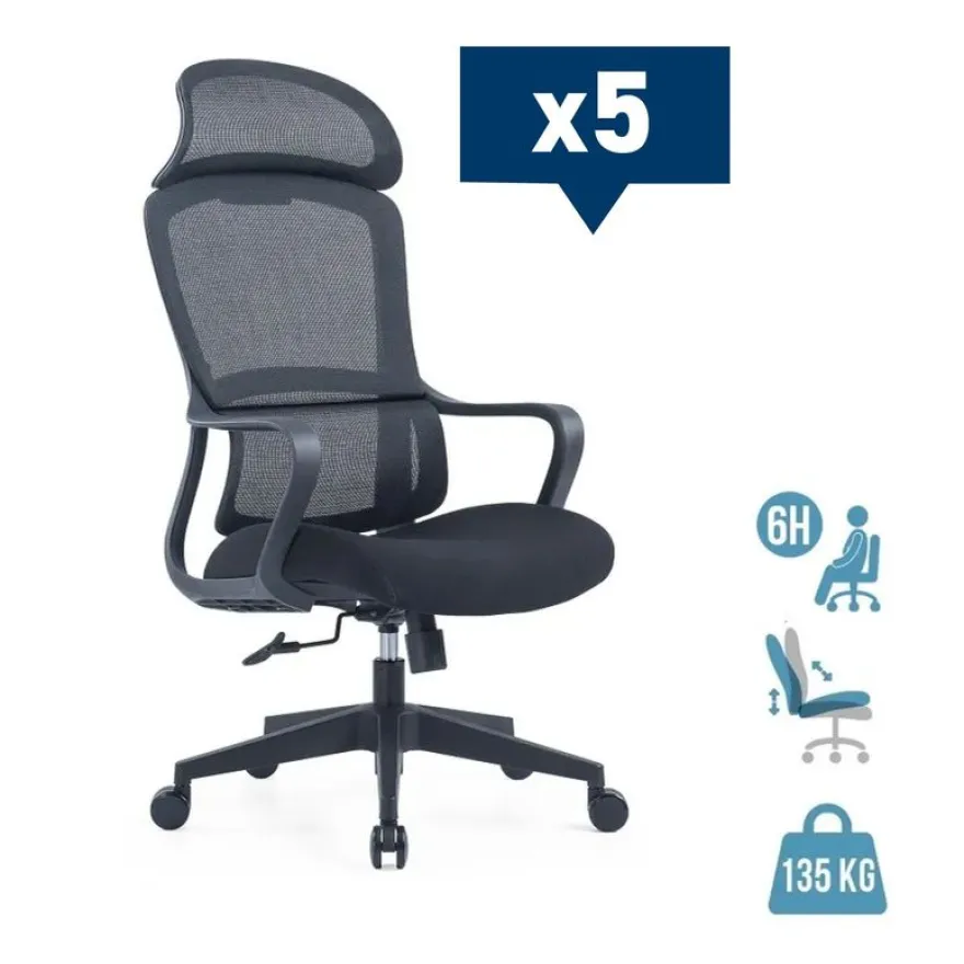 Lot de 5 fauteuils de bureau RICHARD - accoudoirs fixes - têtière intégré - noir