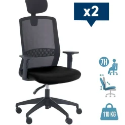 Lot de 2 fauteuils de bureau SCOTT - accoudoirs réglables - appuie-tête réglable - noir