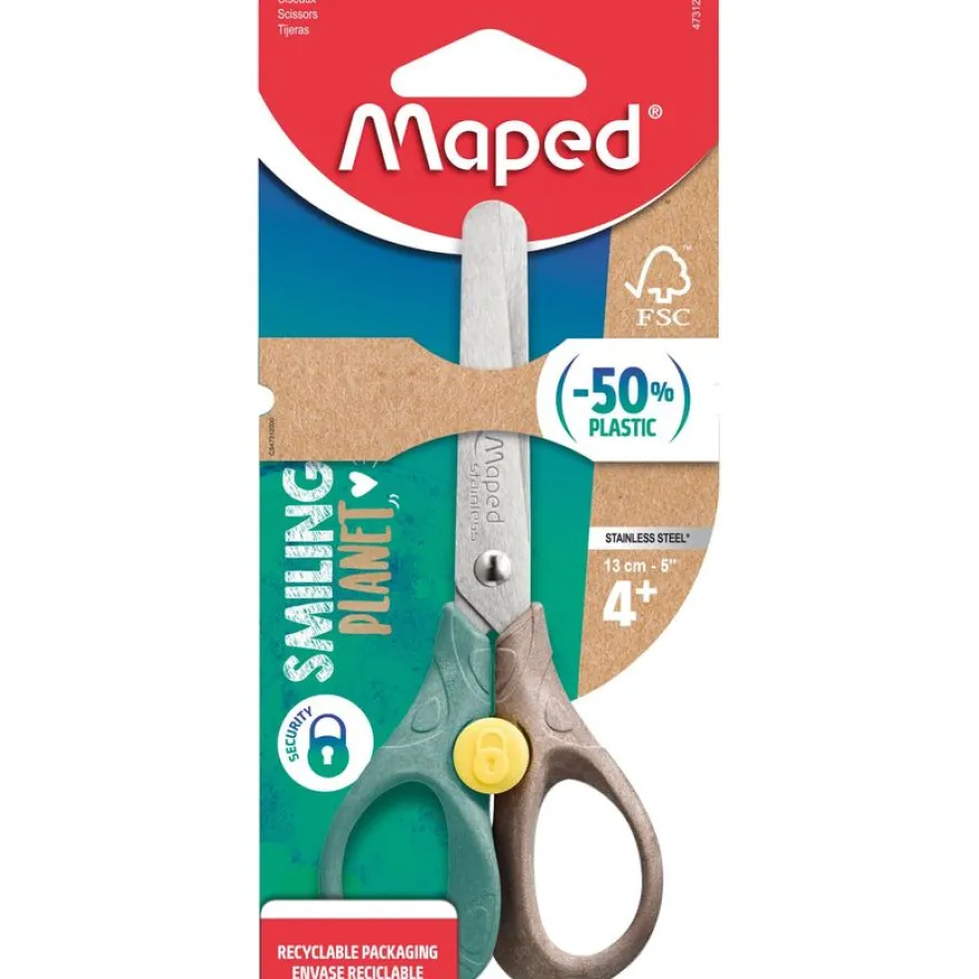 MAPED - Ciseaux SECURITY 13 cm SMILING PLANET - bouton de sécurité - en bois - coloris assortis