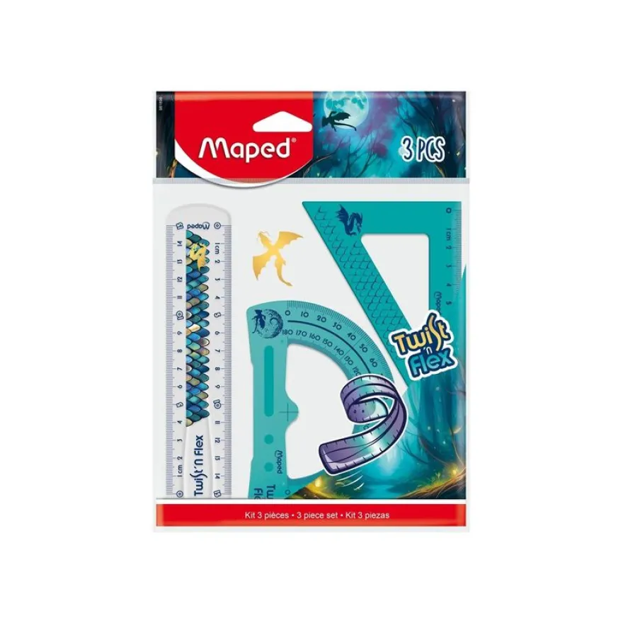Maped - Dragon Twist'n Flex - Mini kit 3 instruments - kit de traçage - 3 pièces - sachet individuel brochable