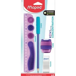 MAPED - Kit Kidy Learn Concentration - 4 pièces (1 règle, 1 gomme, 1 taille-crayons, 1 crayon graphite)