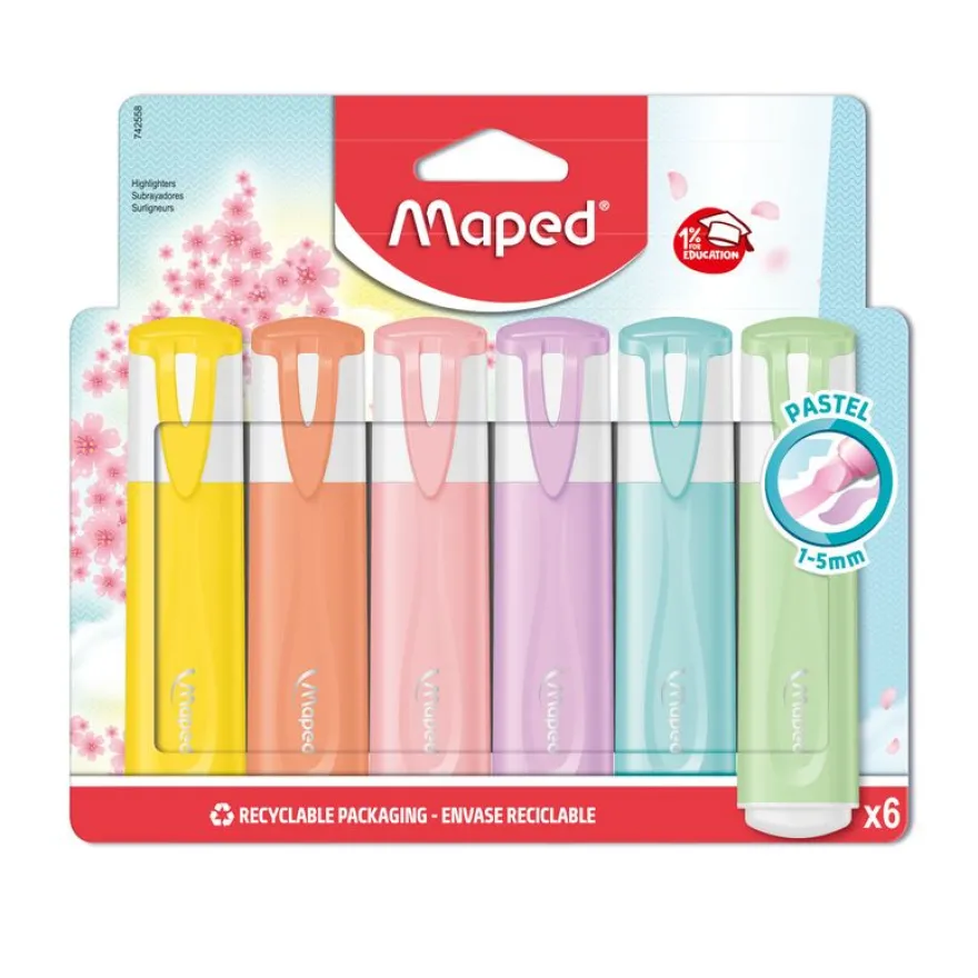 Maped Fluo Peps Pastel - Pack de 6 surligneurs - couleurs assorties