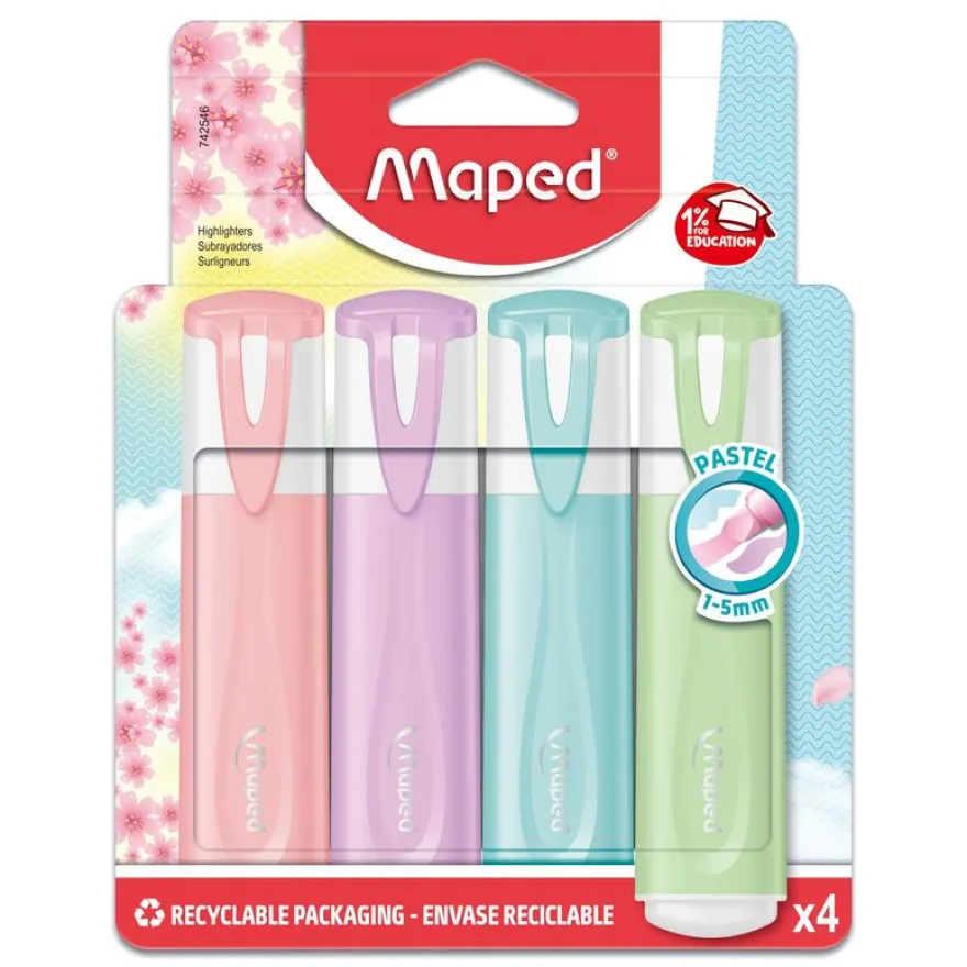 Maped Fluo Peps Pastel - Pack de 4 surligneurs - couleurs pastels assorties