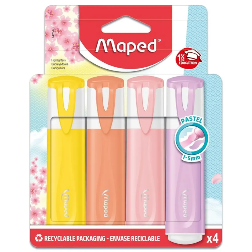 Maped Fluo Peps Pastel - Pack de 4 surligneurs - couleurs pastels assorties