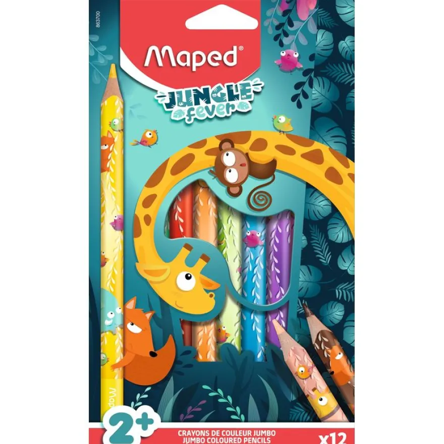 Maped Jungle Fever - 12 Crayons de couleur JUMBO en pochette carton (35% de matériaux recyclés)