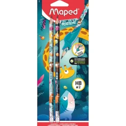 Maped Jungle Fever - 2 Crayons graphite HB embout gomme + 1 outil d'apprentissage