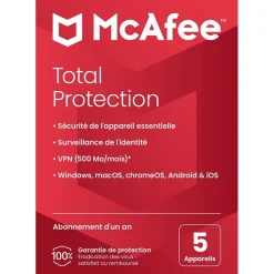 McAfee Total Protection - Code d'activation envoyé par email valable pour 5 appareils pendant 1 an