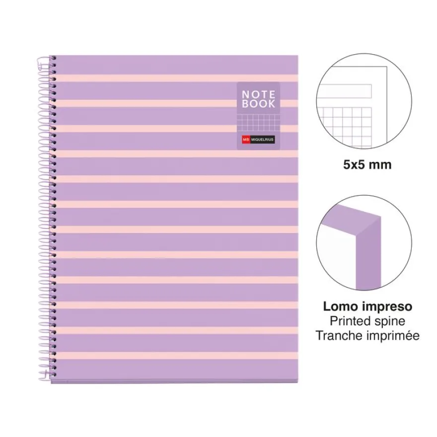Miquelrius Notebook Between the lines - Cahier à spirale - A4 - 80 feuilles - petits carreaux (5x5 mm) - mauve