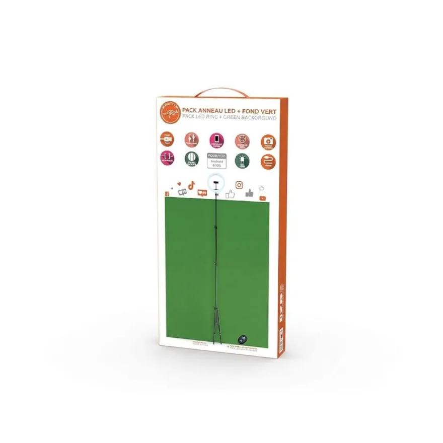 Mobility Lab - Pack anneau lumineux LED selfie + fond vert 2M - noir
