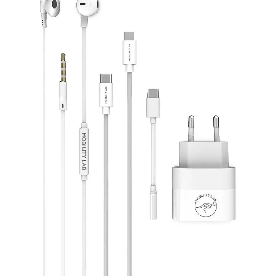 Mobility Lab - Pack téléphonie - chargeur + câble USB-C + écouteur + adaptaeur USB-C/jack