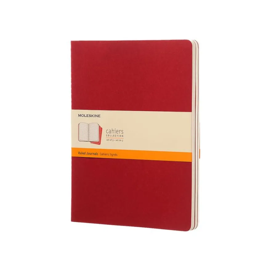 Moleskine Cahier - Journal - reliure cousue - XL - 190 x 250 mm - papier ivoire - ligné - couverture rouge canneberge - carton (pack de 3)