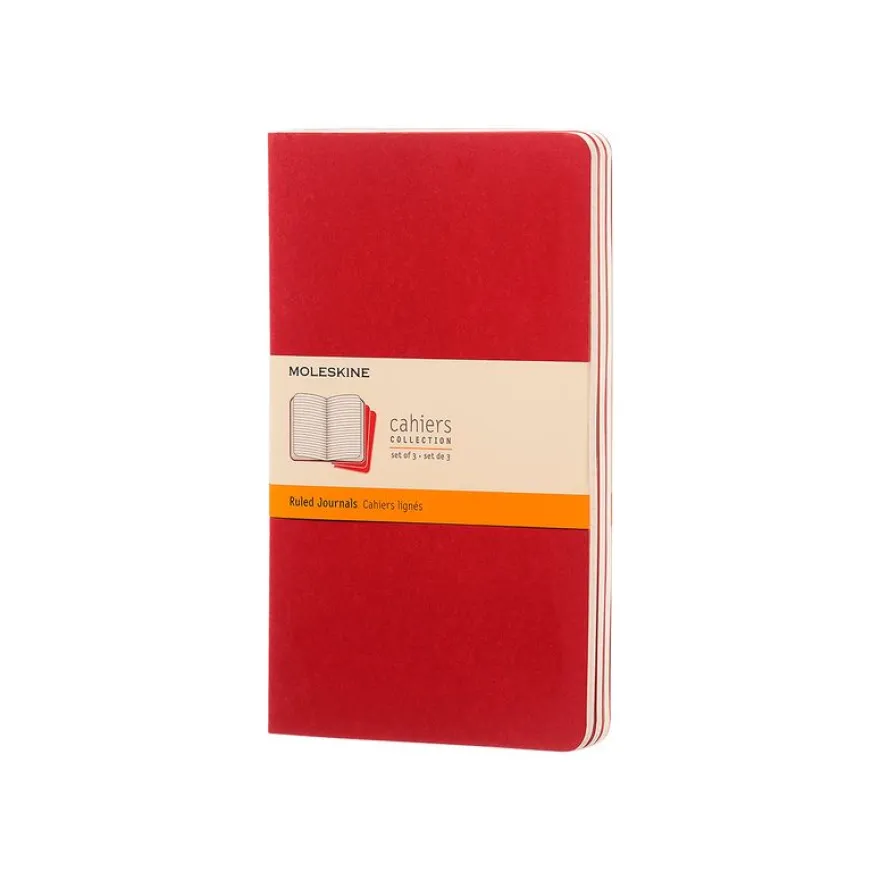 Moleskine Cahier - Journal - reliure cousue - large - 130 x 210 mm - papier ivoire - ligné - couverture rouge canneberge - carton (pack de 3)