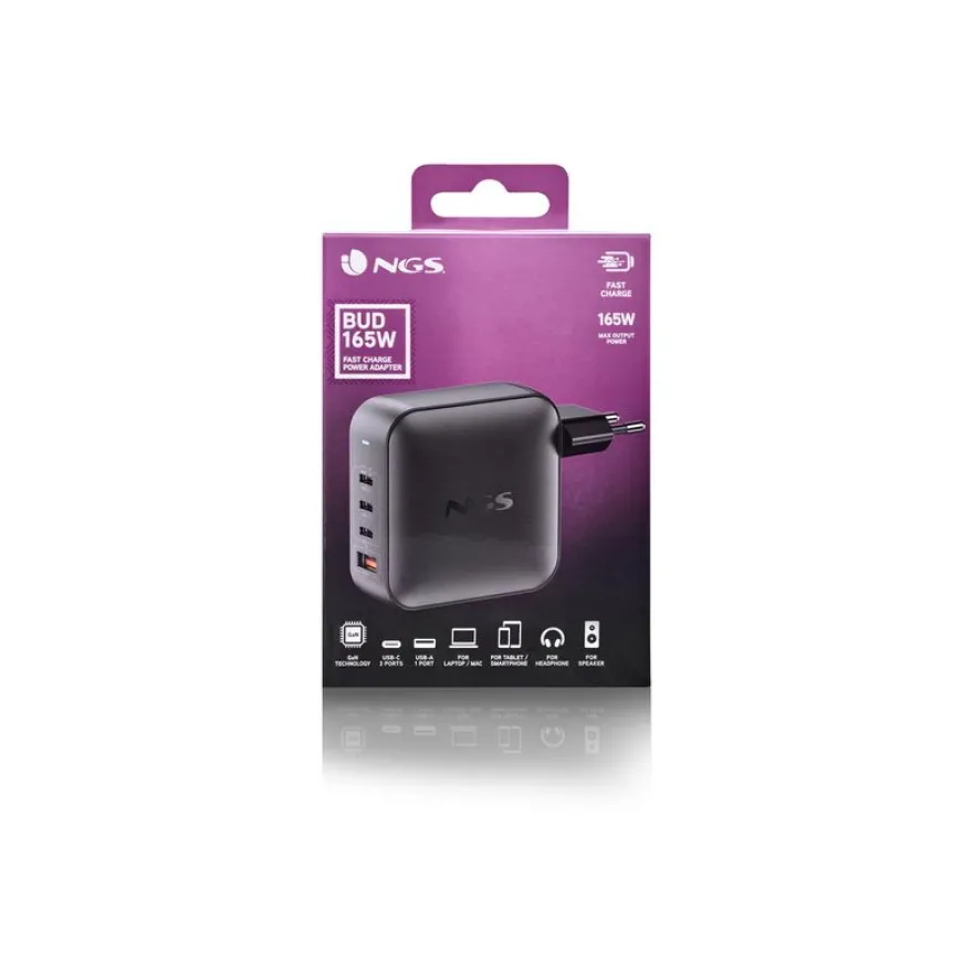 NGS - Chargeur secteur - Ultra Rapide - 165 Watt - 4 connecteurs de sortie (3 x USB-C, USB type A) - noir