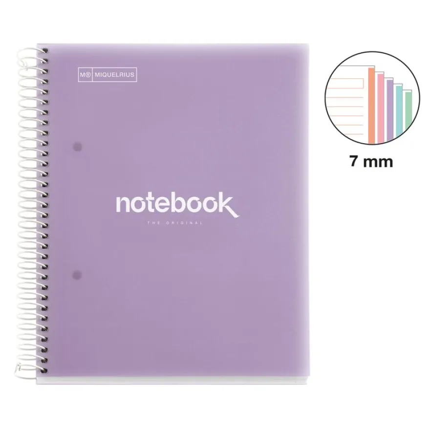 Notebook Emotions, Couverture souple, A5, lignes horizontales 7 mm, 120 feuilles de 5 couleurs, Miquelrius, Lavande.