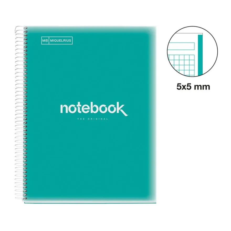 Notebook Emotions, Couverture souple, A4, quadrillage 5x5 mm, 80 feuilles de 1 couleur, Miquelrius, Turquoise.