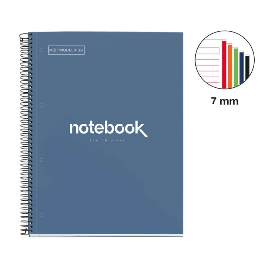 Notebook Emotions, Couverture rigide, A4, lignes horizontales 7 mm, 120 feuilles de 5 couleurs, Miquelrius, Marine.