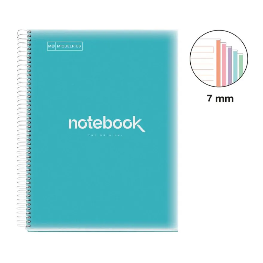 Notebook Emotions, Couverture souple, A4, lignes horizontales 7 mm, 120 feuilles de 5 couleurs, Miquelrius, Bleu Ciel.