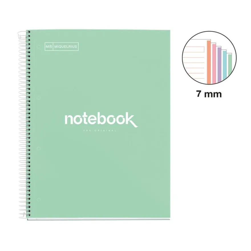Notebook Emotions, Couverture rigide, A4, lignes horizontales 7 mm, 120 feuilles de 5 couleurs, Miquelrius, Menthe.