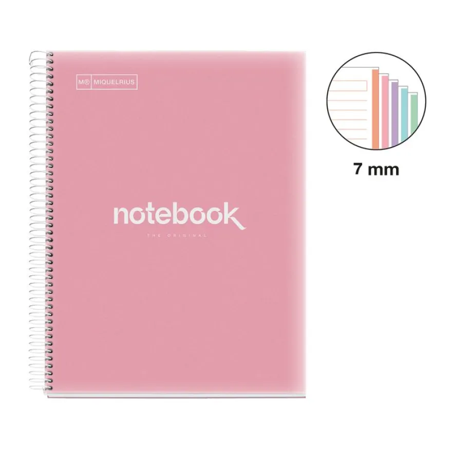 Notebook Emotions, Couverture souple, A4, lignes horizontales 7 mm, 120 feuilles de 5 couleurs, Miquelrius, Rose.