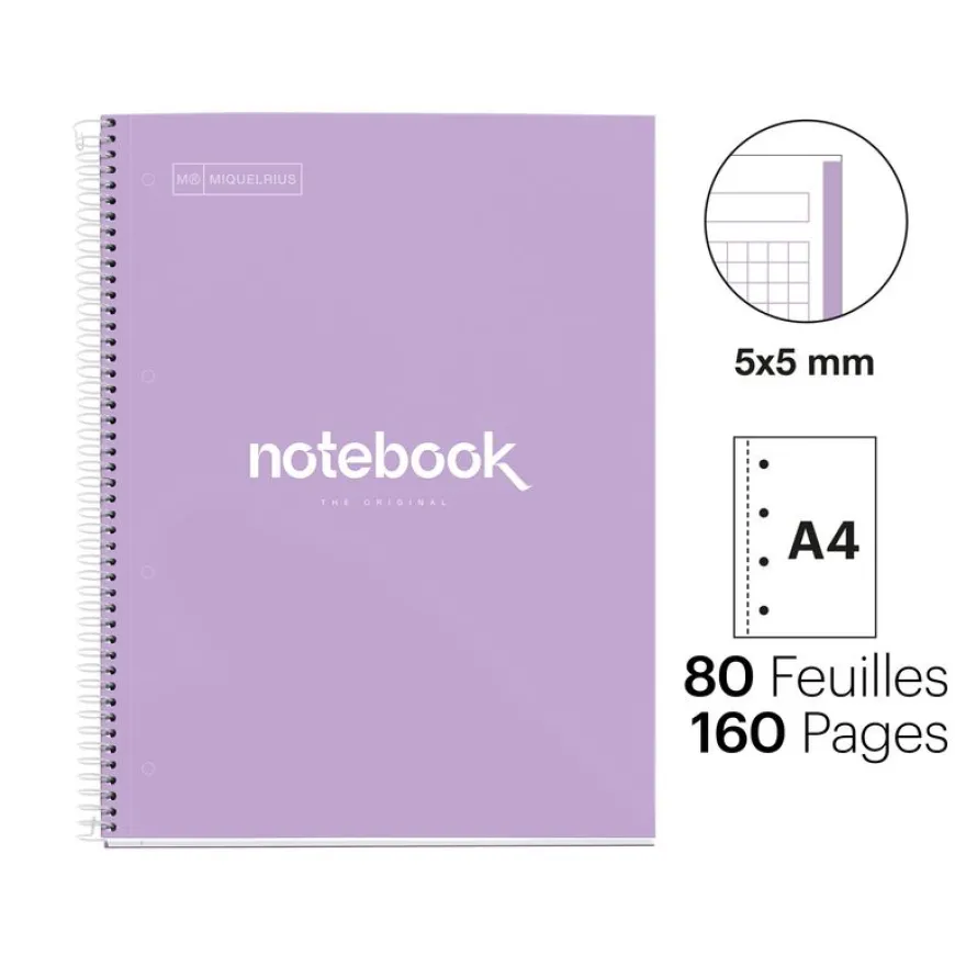 Notebook Emotions, Couverture rigide, A4, quadrillage 5x5 mm, 80 feuilles de 1 couleur, Miquelrius, Lavande.