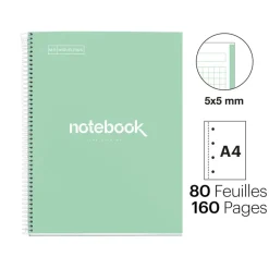 Notebook Emotions, Couverture rigide, A4, quadrillage 5x5 mm, 80 feuilles de 1 couleur, Miquelrius, Menthe.