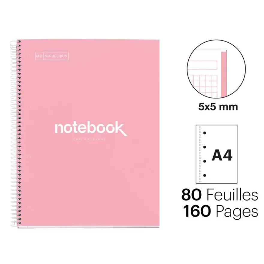 Notebook Emotions, Couverture rigide, A4, quadrillage 5x5 mm, 80 feuilles de 1 couleur, Miquelrius, Rose.