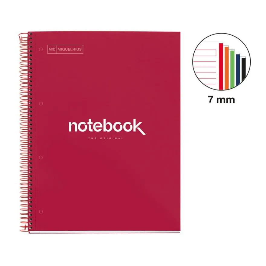 Notebook Emotions, Couverture rigide, A4, lignes horizontales 7 mm, 120 feuilles de 5 couleurs, Miquelrius, Rouge.