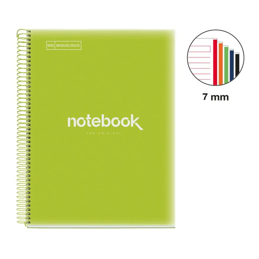 Notebook Emotions, Couverture souple, A4, lignes horizontales 7 mm, 120 feuilles de 5 couleurs, Miquelrius, Lime.