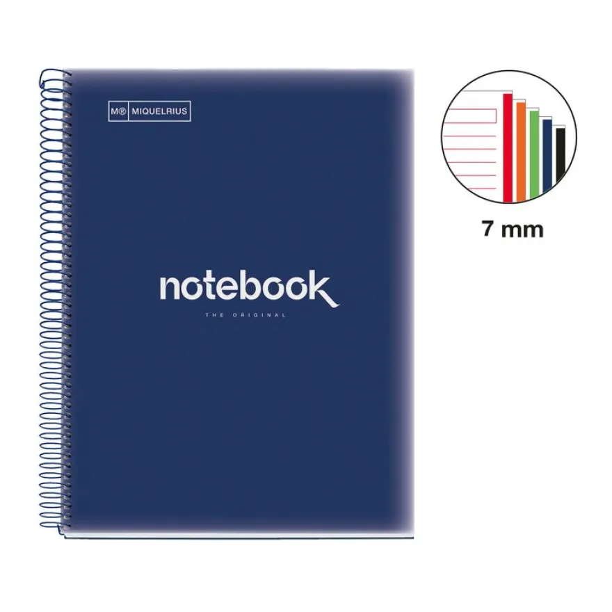 Notebook Emotions, Couverture souple, A4, lignes horizontales 7 mm, 120 feuilles de 5 couleurs, Miquelrius, Bleu Marine.