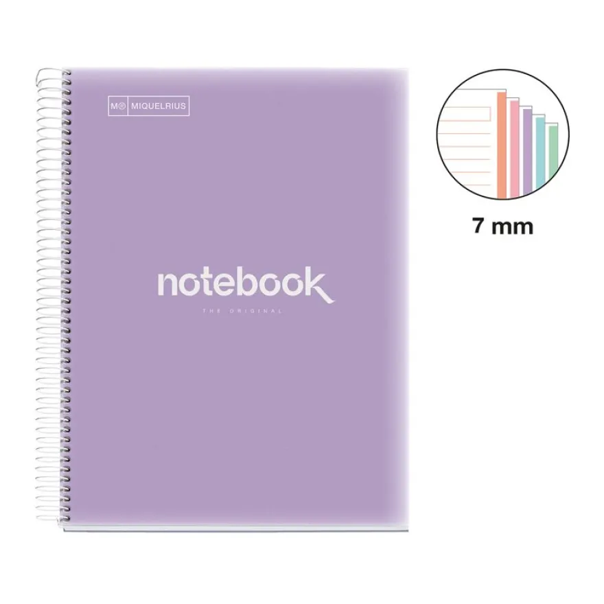 Notebook Emotions, Couverture souple, A4, lignes horizontales 7 mm, 120 feuilles de 5 couleurs, Miquelrius, Lavande.