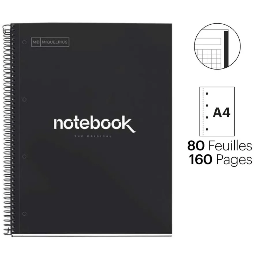 Notebook Emotions, Couverture rigide, A4, quadrillage 5x5 mm, 80 feuilles de 1 couleur, Miquelrius, Noir.