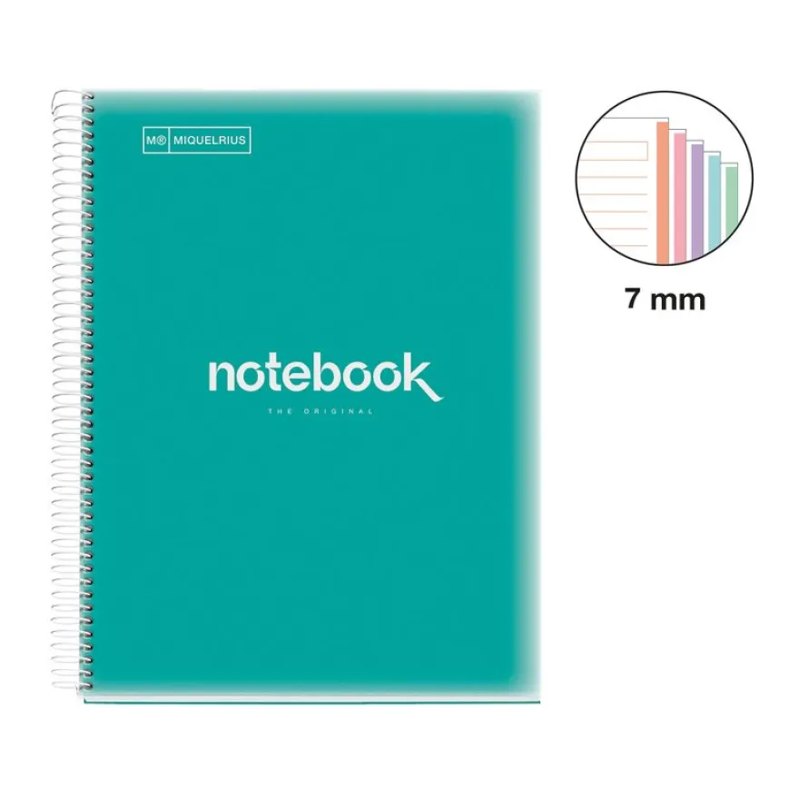 Notebook Emotions, Couverture souple, A4, lignes horizontales 7 mm, 120 feuilles de 5 couleurs, Miquelrius, Turquoise.