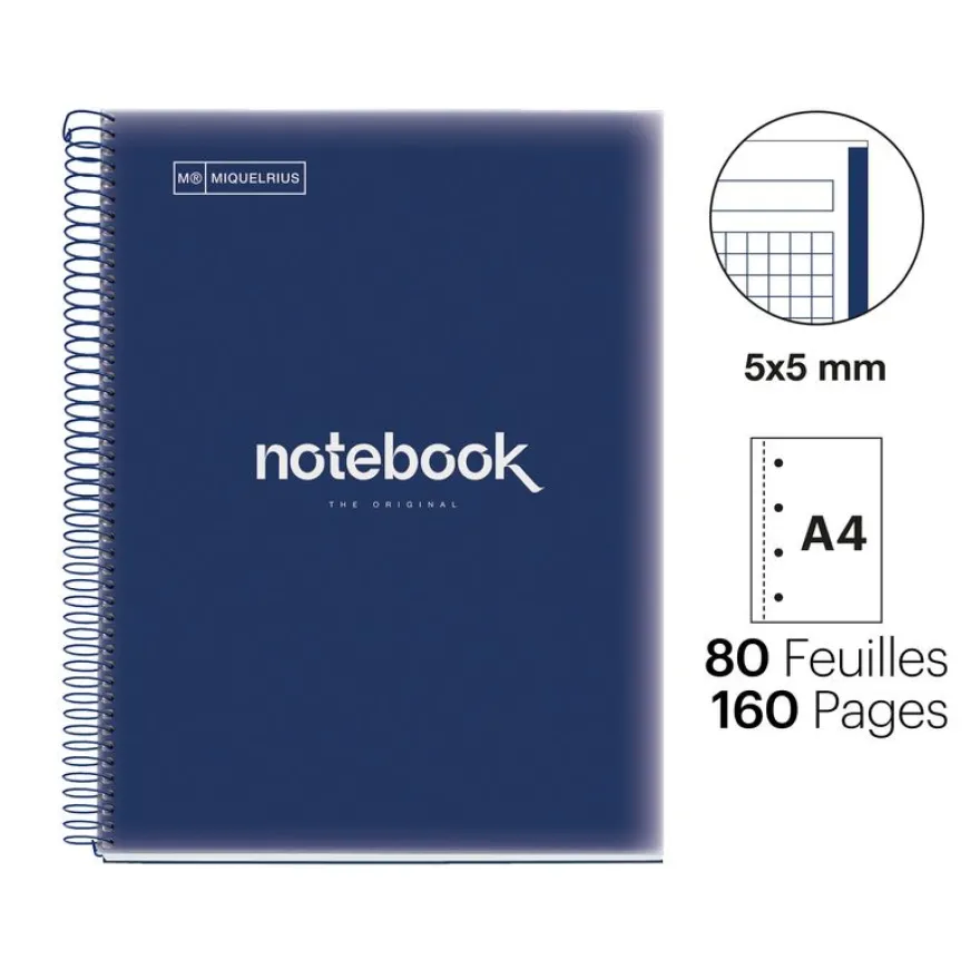 Notebook Emotions, Couverture souple, A4, quadrillage 5x5 mm, 80 feuilles de 1 couleur, Miquelrius, Bleu Marine.
