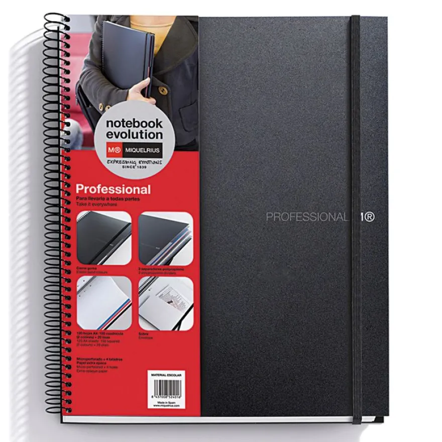 Notebook The Original, Couverture souple, A4, quadrillage 5x5 mm + Lisse, 120 feuilles de 2 couleurs, Miquelrius, Noir, Professionnel.