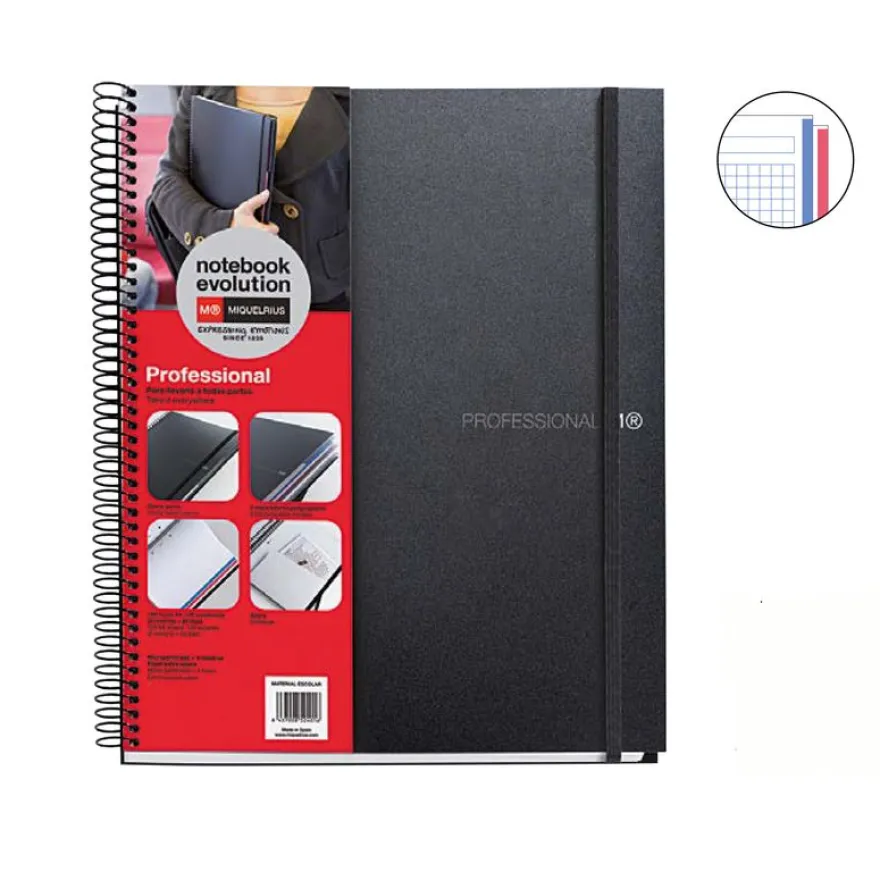Notebook The Original, Couverture souple, A4, quadrillage 5x5 mm + Lisse, 120 feuilles de 2 couleurs, Miquelrius, Noir, Professionnel.