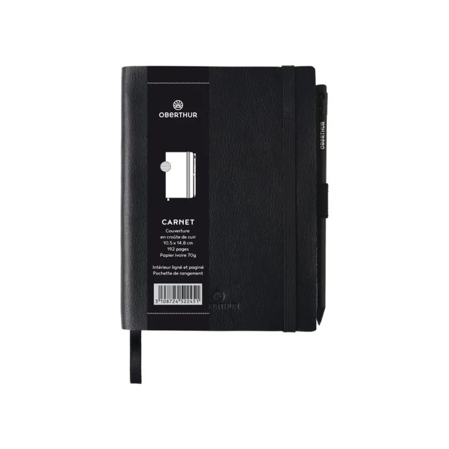 Oberthur - Carnet de notes en cuir - à élastiques A6 - noir