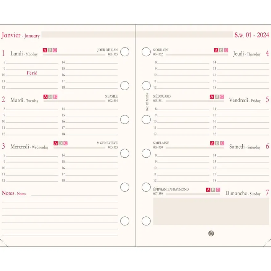 Oberthur - Recharge pour organiseur - 1 semaine sur 2 pages (semainier international) - 8 x 15 cm