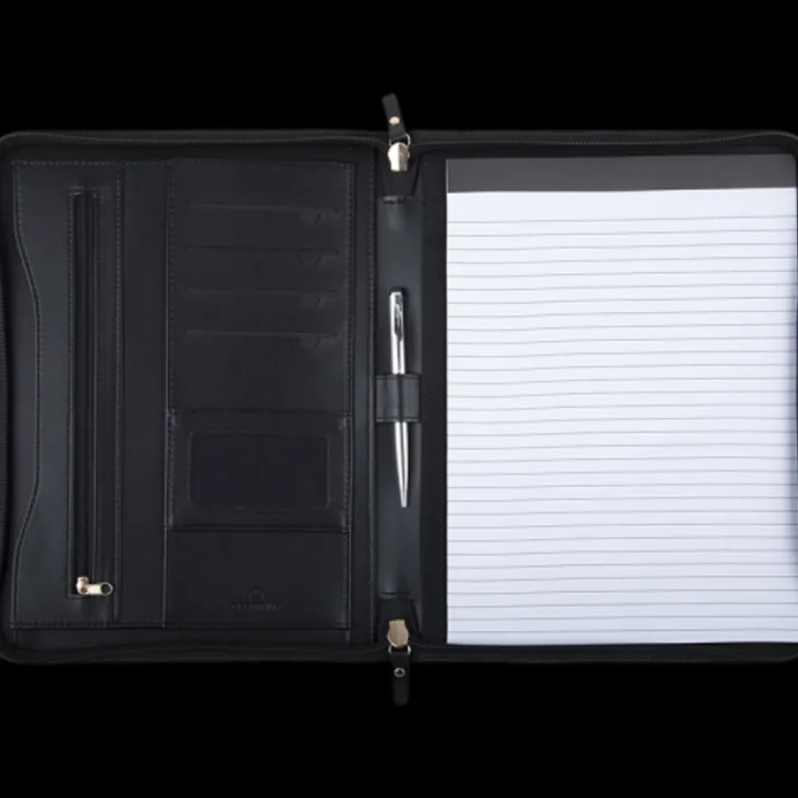 Oberthur Lisbonne - Conférencier A4 Zippé Noir – Élégant en Mix-Matière Tressé/Lisse avec Stylo Tactile et Bloc-Notes – Rangement Cartes
