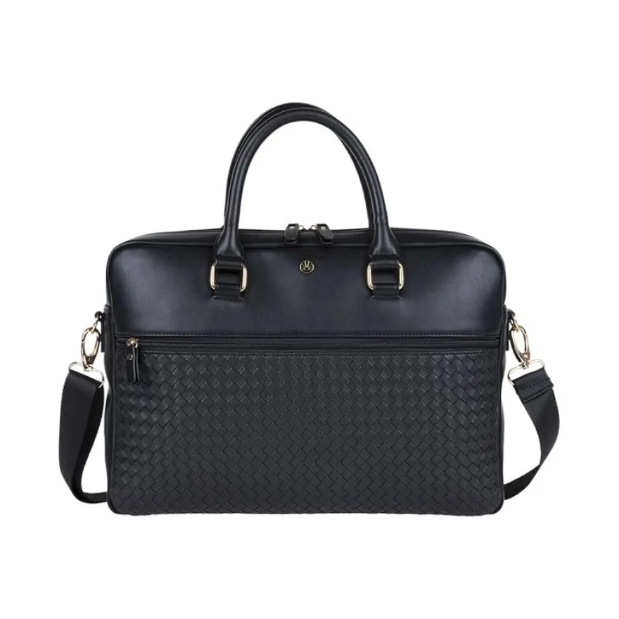 Oberthur Lisbonne - Sacoche Ordinateur 15,6'' Noir – Élégante et Fonctionnelle, Mix-Matière Tressé/Lisse, Sangle Trolley, Multiples Poches