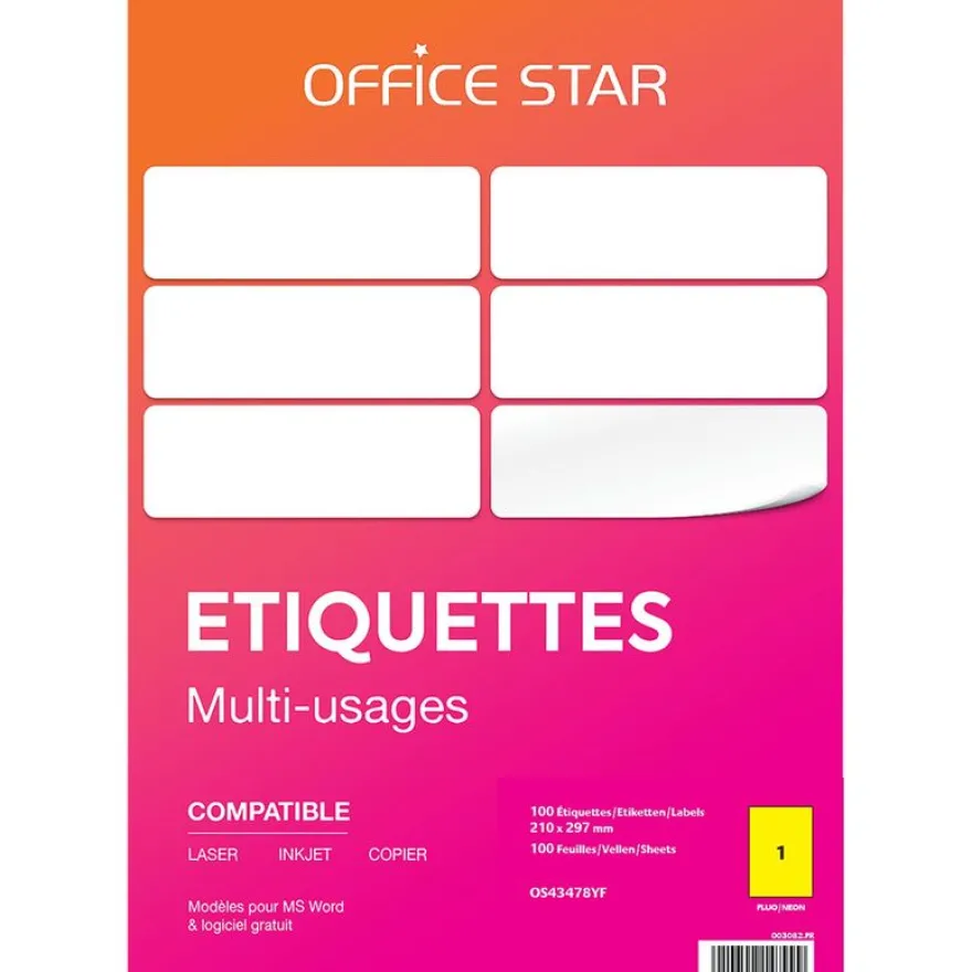 Office Star - 100 Étiquettes jaune fluo - 210 x 297 mm