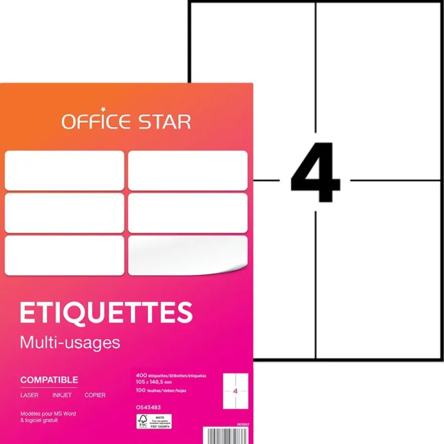 Office Star - 400 Étiquettes multi-usages blanches - 105 x 148,5 mm - réf OS43483