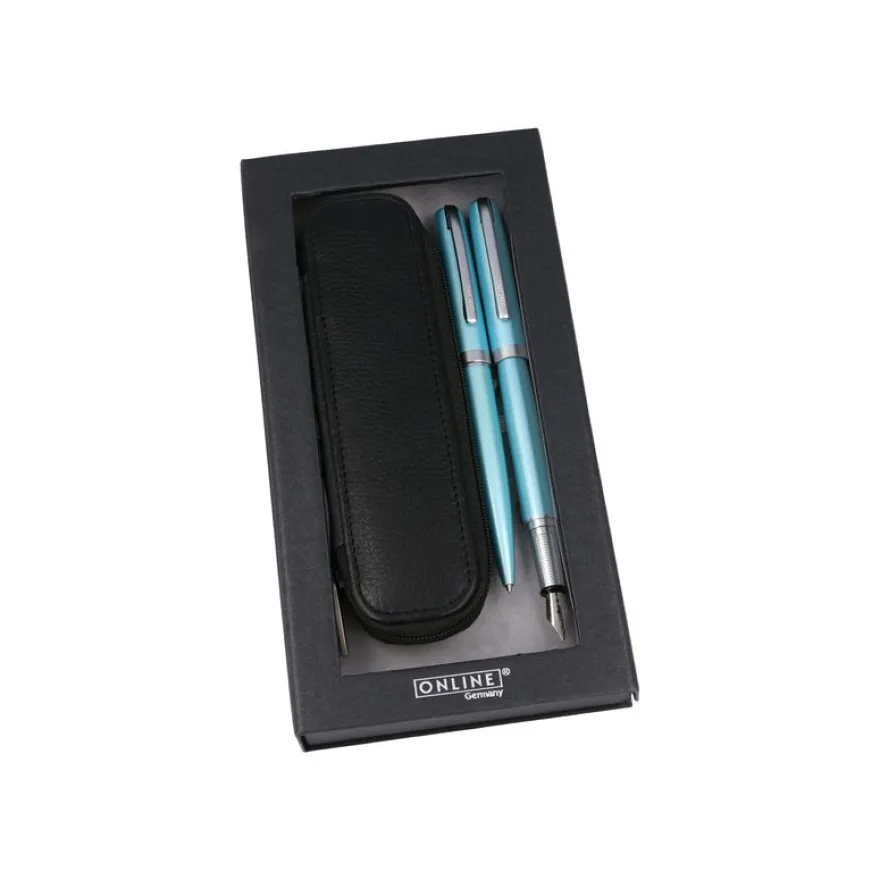 Online Eleganza - Parure stylo à bille/stylo plume - turquoise satin