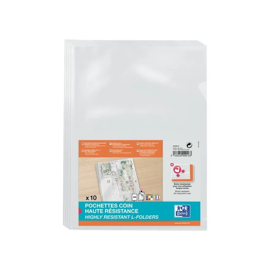 Oxford - 10 Pochettes coin - A4 - pour 25 feuilles - 15/100 - incolore