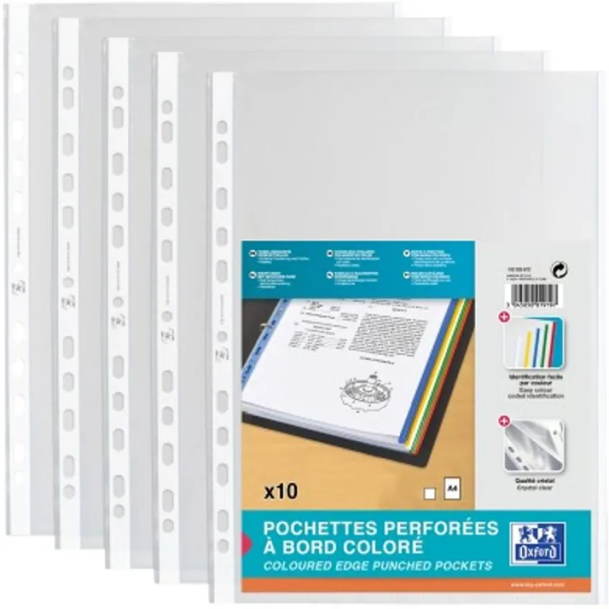 Oxford - 10 Pochettes perforées - A4 - lisse - pour 12 feuilles - 9/100 - Blanc