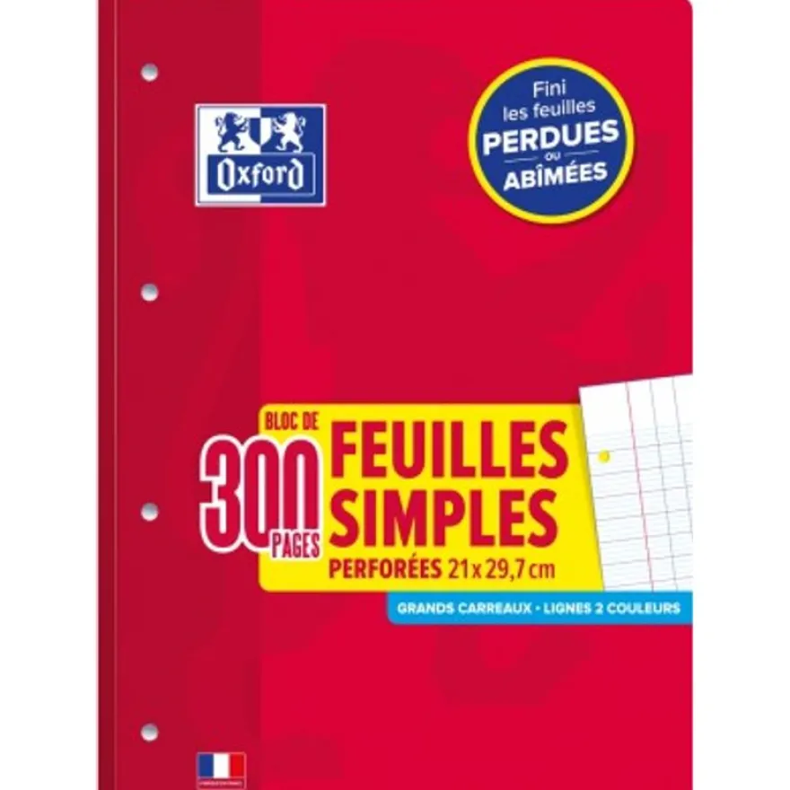 Oxford - Bloc de cours - feuilles simples détachables A4 - 300 pages - grands carreaux (Seyes) - perforées