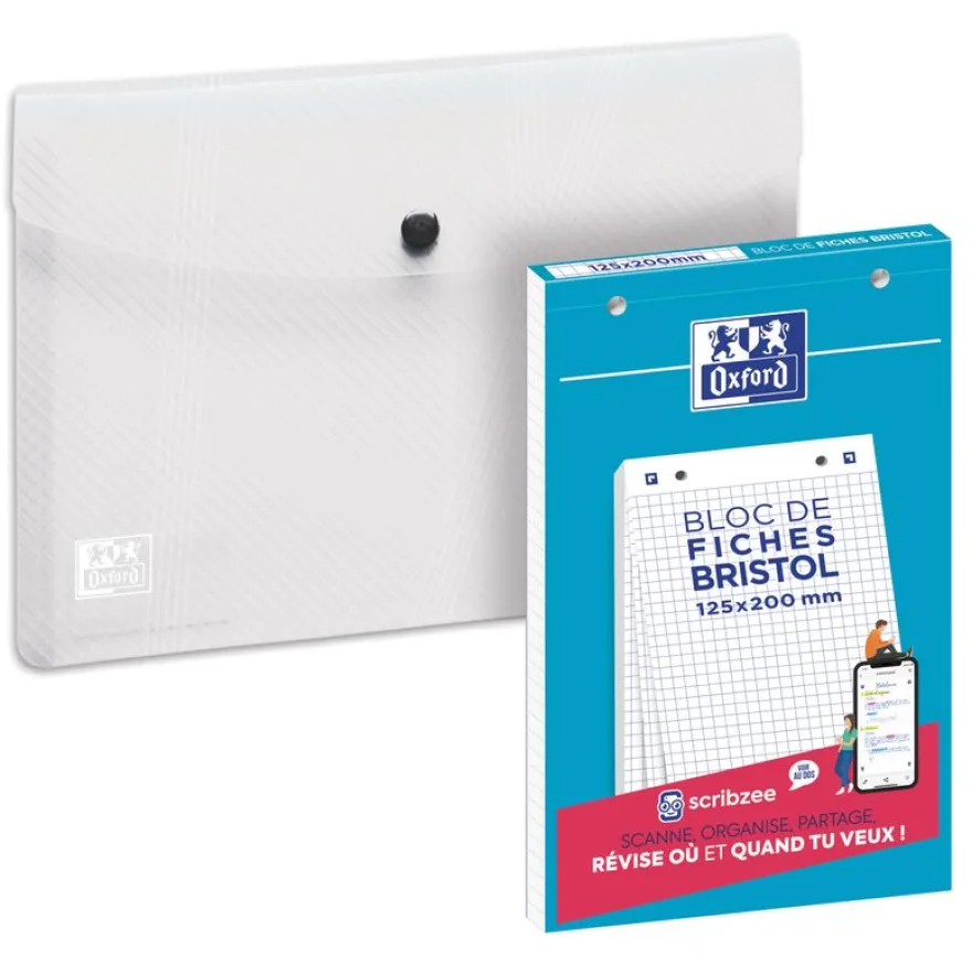 Oxford - Pack de 30 fiches Bristol - A5 - petits carreaux - perforées - blanc + une chemise A5