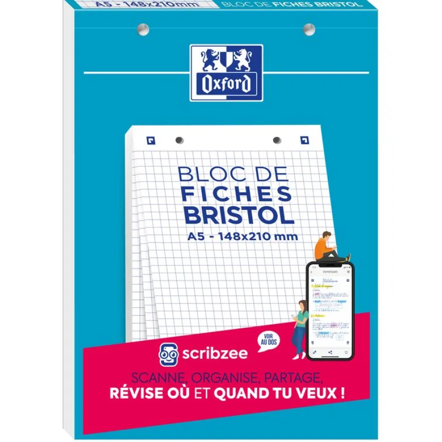 Oxford - Pack de 30 Fiches Bristol - A5 - petits carreaux - perforées - blanc