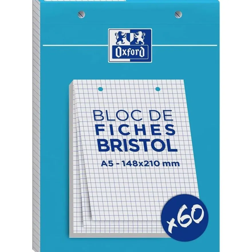 Oxford - Pack de 60 Fiches Bristol - A5 - petits carreaux - perforées - blanc