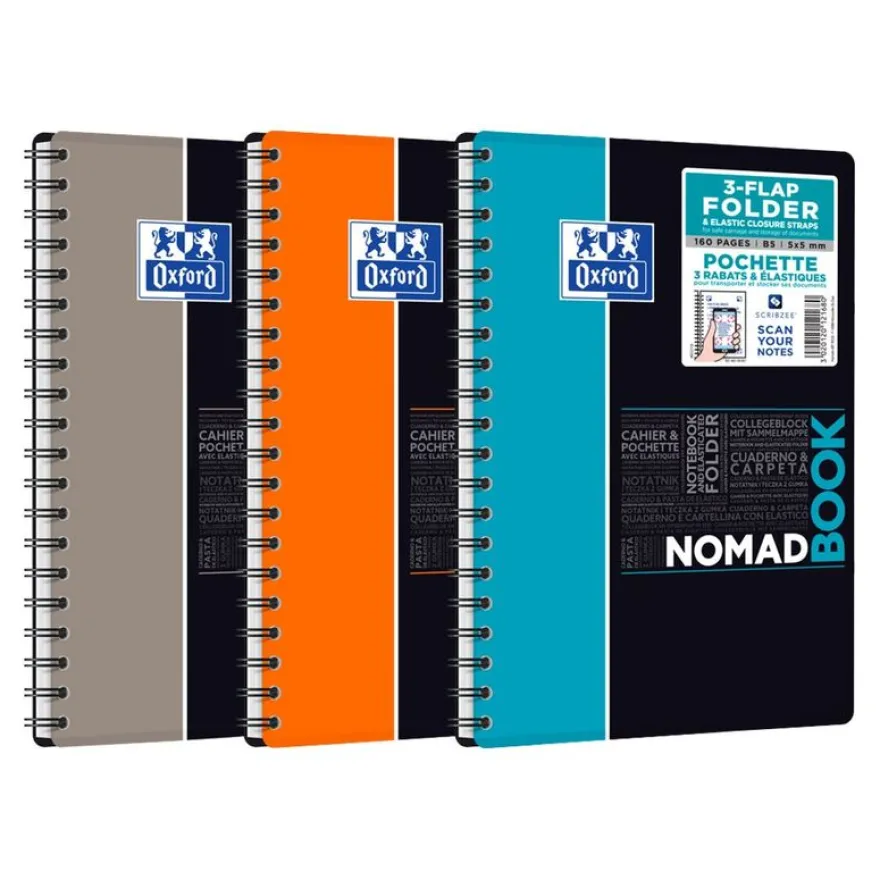 Oxford Etudiants - Cahier Nomadbook B5 (19 x 25 cm) avec pochettes 3 rabats - 160 pages - petits carreaux (5x5 mm) - double spirale - disponible dans différentes couleurs