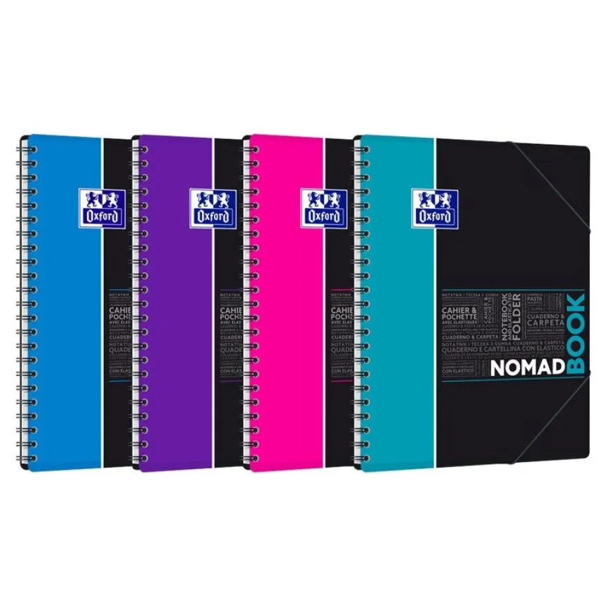 Oxford Etudiants - Cahier Nomadbook A4+ (24 x 29,7 cm) avec pochettes 3 rabats - 160 pages - grands carreaux (Seyes) - double spirale - disponible dans différentes couleurs